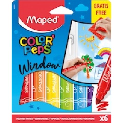 Flomasteri MAPED Color'peps Window 6 krāsas + lupatiņa